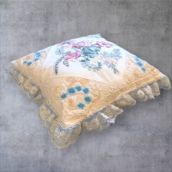 Embroidered Throw Pillow Vintage Cottagecore Floral Lace Pastel Feminine 12" - Picture 6 of 13